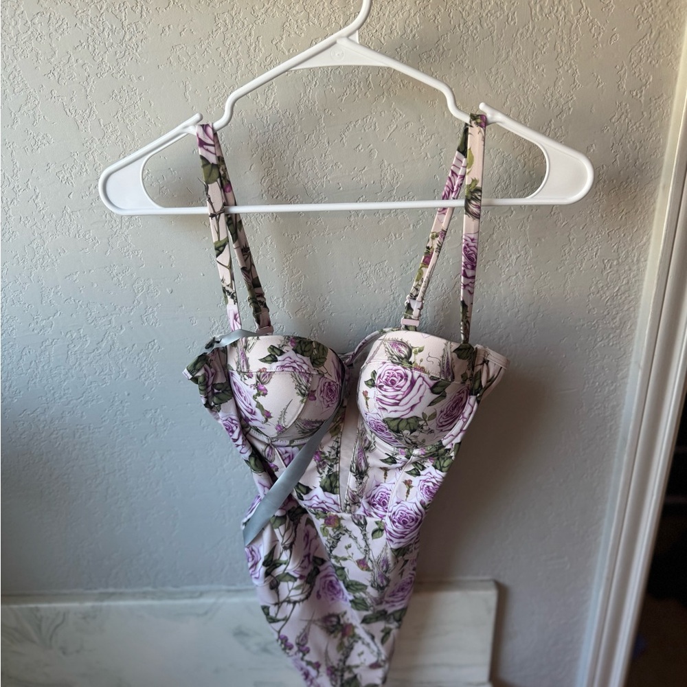 Floral Print Women's Swimsuit  - Purple and Cream